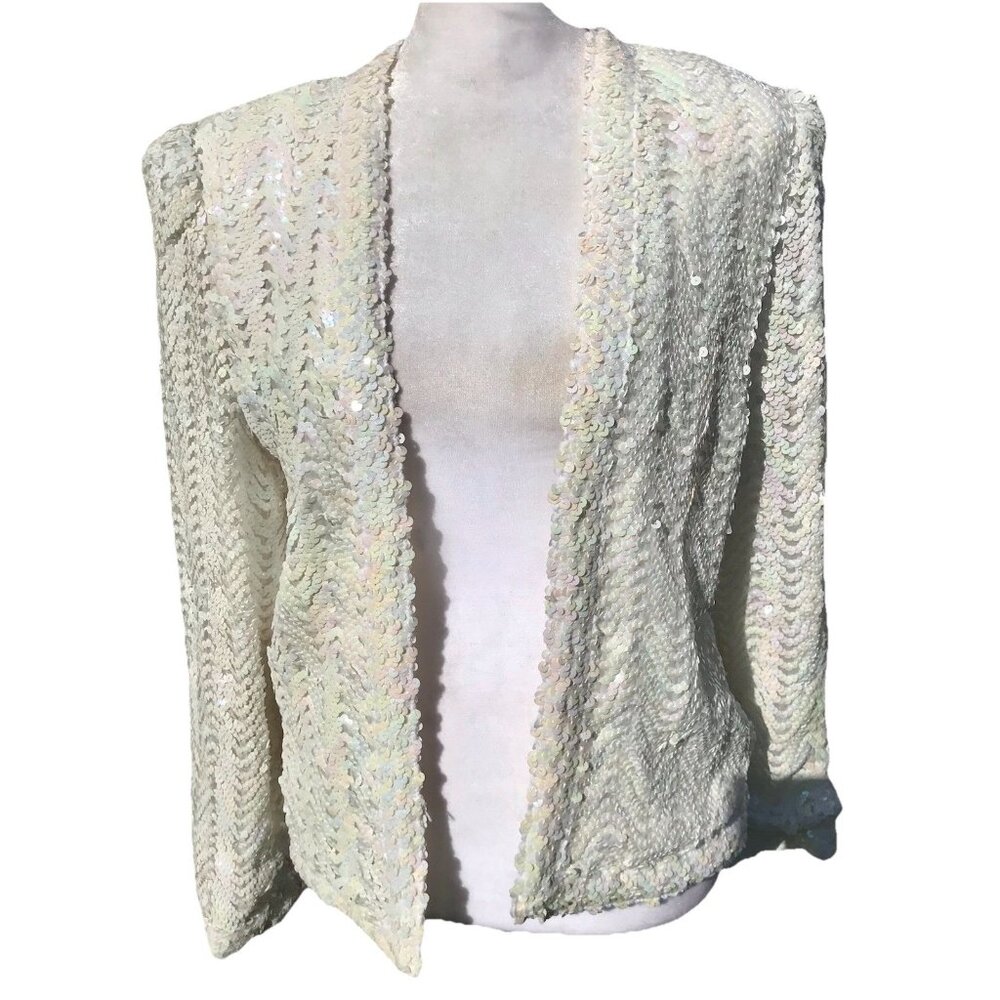 Vtg 70s 80s Lilly Diamond Calif Sequin Iridescent White Jacket S M Cardigan Coat